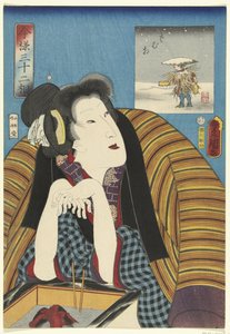 Kvinna som värmer händer över en hibachi 32 moderna typer (serietitel) Imayo sanjuniso (serietitel på objekt) av Utagawa Kunisada (I)