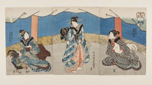 Skönheter under en tuppkamp (Bijin Toriaiu) (träblock i färg) av Utagawa Kunisada