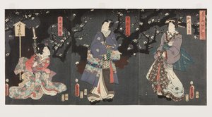 Njuter du av plommonblomningar i Spring Mist: Sodenok? (R), Ashikaga Mitsuuji (C) och Katsuragi (L) (Harukasumi ume no y?ran (träblock i färg) av Utagawa Kunisada