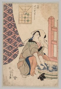 Sittande kvinna tvättar kläder i en träbalja av Utagawa Kunisada