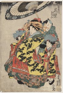 Kurtisanerna Hanamurasaki och Koshikibu från Tamay Proaming in the Rain av Utagawa Kunisada