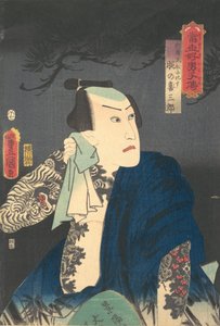 Udeno Kisaburo torkar sin hals om natten, 1854 år för H..., 1854 år för hästen, 7:e månaden. av Utagawa Kunisada