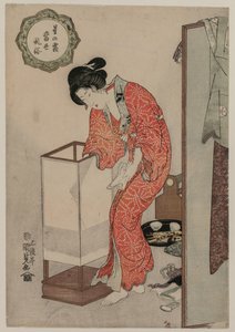 Woman Putting Out a Light (från serien Modern Customs: Frost Beneath the Stars) av Utagawa Kunisada