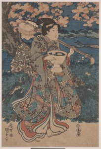 Gå på en visningsfest för körsbärsblommor (träsnitt i färg) av Utagawa Kunisada III