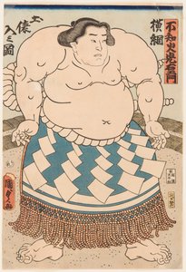 Porträtt av sumobrottaren Shiranui Mitsuemon (1825-1879) med ett rituellt förkläde. Tryck av Utagawa Kunisada II (1823-1880)