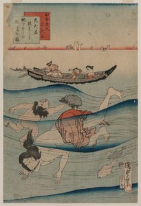Rustik Genjis poesitävling: Mitsuujis utflykt till havet för att se Abalone Dykning av Utagawa Kunisada II