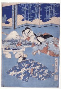Välkomna våren med en samling av blommor (Hana Soroi Haru No Taimen) (träblock i färg) av Utagawa Kunisada II