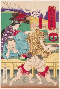 Slagsmål mellan två sumobarn framför Tachibana Muneshige (1567-1642). Tryck av Kuniteru, Utagawa (1808-1876)