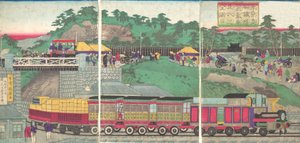Illustration av ett ånglok som körs på Takanawa Railroad i Tokyo Tokyo ta..., ca. 1873.