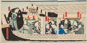 Sumobrottaren Dairiki Maru på en båt med vänner. Tryck av Utagawa Kuniteru (1808-1876)