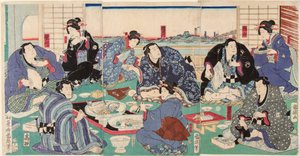Sumobrottaren Sakaigawa Namiemon (till vänster) med andra brottare och geisha vid en festmåltid. Tryck av Kuniteru, Utagawa (1808-1876)