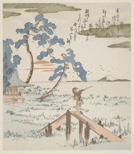 En bonde korsar en gångbro av Utagawa Kuniyoshi