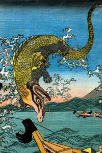 Asahina Yoshihides kamp med två krokodiler i havet utanför Kamakura Kotsubo av Utagawa Kuniyoshi