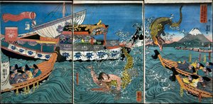 Asahina Yoshihides kamp med två krokodiler i havet utanför Kamakura Kotsubo av Utagawa Kuniyoshi