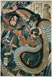 Chūsenko Teitokuson (Ding Desun) attacked by a snake on a mountain path av Utagawa Kuniyoshi