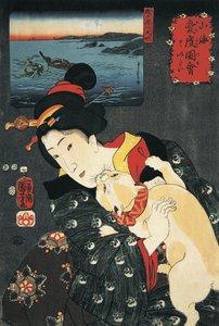 Närbild av en ung kvinna med en katt i famnen av Utagawa Kuniyoshi