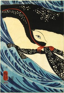 Färgträtryckstriptyk, föreställande den store svärdsmannen Miyamoto Musashi som attackerar en gigantisk val utanför Hizenprovinsens kust: Japan, Edo, av Utagawa Kuniyoshi av Utagawa Kuniyoshi