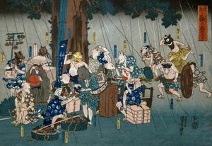 Comic Animals Taking Shelter from Rain (Dōke kemono no amayadori), c.1842 av Utagawa Kuniyoshi
