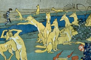 Komiska rävar som övar på att ändra form (Dōke kitsume henge no keiko), ca 1842 av Utagawa Kuniyoshi