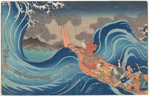 Kort illustrerad biografi över munken Nichiren: Att lugna det stormiga havet vid Tsunoda under exilen på Sadoön av Utagawa Kuniyoshi