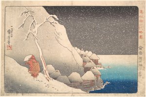 Kort illustrerad biografi över munken Nichiren: I snö vid Tsukahara på ön Sado av Utagawa Kuniyoshi
