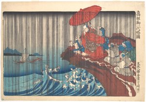 Kort illustrerad biografi över munken Nichiren: bön om regn besvarad i Ryōzengasaki i Kamakura av Utagawa Kuniyoshi