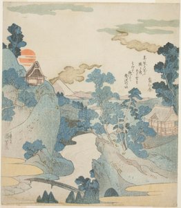 Fjärran utsikt över berget Fuji i gryningen från Hakone av Utagawa Kuniyoshi