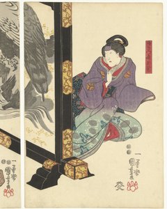 Tre skådespelare vid en hopfällbar skärm av Utagawa Kuniyoshi