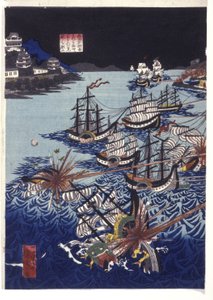 Givet titel: The Mongol Invasion of Japan (Color Woodblock Print) av Utagawa Kuniyoshi