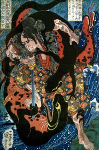 Iwanuma Kichirokurō Nobusato Series: One of the Eight Hundred Heroes of the Water Margin of Our Country (Honchō Suikoden gōketsu happyakunin no hitori), c.1836 av Utagawa Kuniyoshi