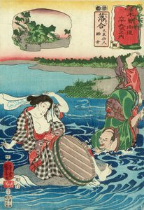 Kume Sennin faller i en flod vid åsynen av en barbröstad kvinna som hukar på en sten, Station 45, publicerad av Hayashi Shoehi (träblock i färg) av Utagawa Kuniyoshi
