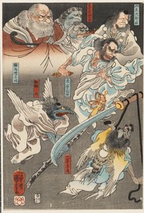 Minamoto Yoshitsune slåss mot Benkei på Gojō Bridge, med hjälp av tengu-demoner av Utagawa Kuniyoshi