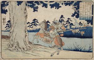 Moriya förföljer prins Shōtoku, som försvinner in i ett träd av Utagawa Kuniyoshi