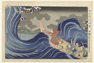 Nichiren driver ut vågorna vid Kakuda under sin exil till Sado. Sashu ryukei Kakuda nami daimoku. (titel på objekt) Kort illustrerad biografi om grundaren (serietitel) Koso go ichidai ryakuzu (serietitel på objekt) av Utagawa Kuniyoshi