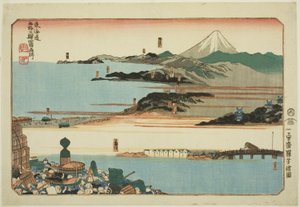 Nihonbashi, Shinagawa, Kawasaki och Kanagawa, från serien "Famous Places on the Fifty-three Stations of the Tokaido, Four Stations (Tokaido gojusan eki yonshuku meisho)" av Utagawa Kuniyoshi