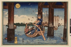 Pilgrimsmärken som fladdrar ner i havet nedanför bron nära Tsukuda Island, från serien Berömda vyer över den östra huvudstaden av Utagawa Kuniyoshi