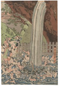 Pilgrims at the Roben Waterfall at Oyama, signerad Ichiyusai Kuniyoshi, publicerad av Azumaya Daisuke, kiwamesäl, Oban tate-e triptyk (träblock i färg) av Utagawa Kuniyoshi