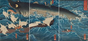 En figur som räddar Tametomo genom medlemmarna i Sanuki, 1851. av Utagawa Kuniyoshi