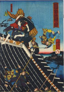 Ark från en triptyk med färgträblock, med titeln H?ryukaku sh? no zu som visar en scen från Hakkenden i Takiwzawa Bakin som visar ett slagsmål på tempeltaket mellan Inuzuka Shino av Utagawa Kuniyoshi