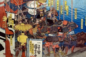 Takeda Shingen krossar Suwa Yorishiges krafter (Takeda Shingen Suwa Yorishige no jinchū o uchi-kuzusu zu), ca 1850-51 av Utagawa Kuniyoshi