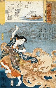 Tamatori (kvinnlig ama dykare), Att bli attackerad av bläckfisk medan han greppar helig juvel av Utagawa Kuniyoshi