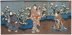 Skådespelaren Onoe Kikugorō III betraktar krysantemum och en bäck av Utagawa Kuniyoshi