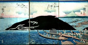 Myller av människor runt en fångade val av Utagawa Kuniyoshi