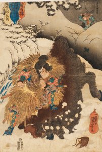 Träblockstryck - Chinzei Hachiro Tametomo störtar ett vildsvin i de snöiga bergen i Mashik av Utagawa Kuniyoshi