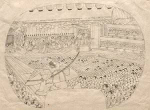 Design för solfjäderformat tryck från Kabuki Theatre av Utagawa Sadahide