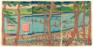 P Roterande ljud av Minamoto no Yoritomo a c Ross tee Rive r av Utagawa Sadahide