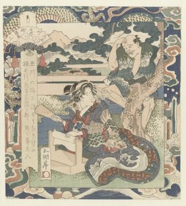 Kvinna upptagen med att tova tyg Tôi-floden i Settsu, nummer tre Tôi - sono san (titel på objekt) The Six Jewel Rivers (serietitel) Mutamagawa no uchi (serietitel på objekt)