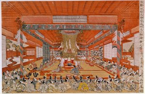En shintoceremoni som visar en ceremoni för shintodyrkan, den äldsta religionen i Japan. Japanskt tryck av Utagawa Toyoharu (1735-1814). Paris, Guimet Museum, Asian Arts Museum.