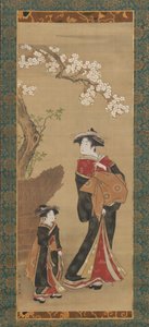 Courtesan och hennes skötare under ett körsbärsträd, tidigt 1800-tal.