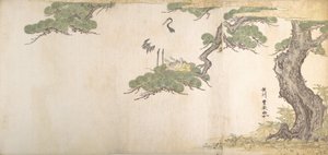 Crane och deras ungar i sitt bo i grenarna på en tall, ca. 1790. av Utagawa Toyoharu